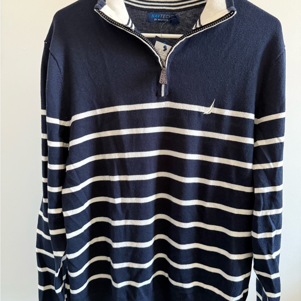 Nautica Men's Zip-Up Navy and White Striped Sweater